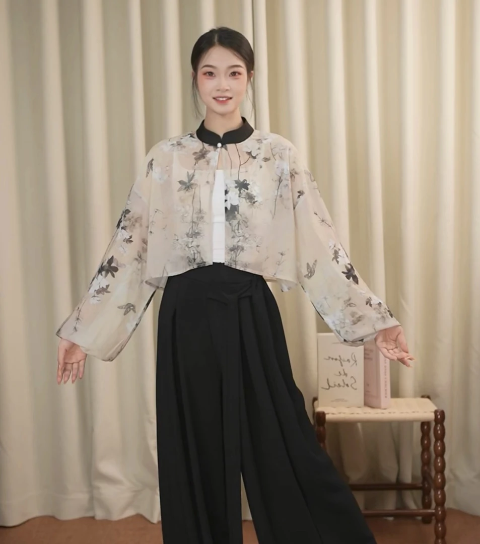 2025新款夏季现代舞外穿百搭披肩印花雪纺古典舞中国舞上衣