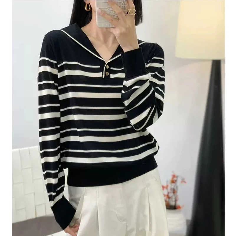 【莱赛尔天丝】纽扣海军领翻领半开条纹针织衫女休闲百搭上衣