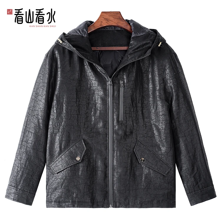 看山看水99879香云纱男装桑蚕丝龟裂纹羽绒服新中式连帽外套