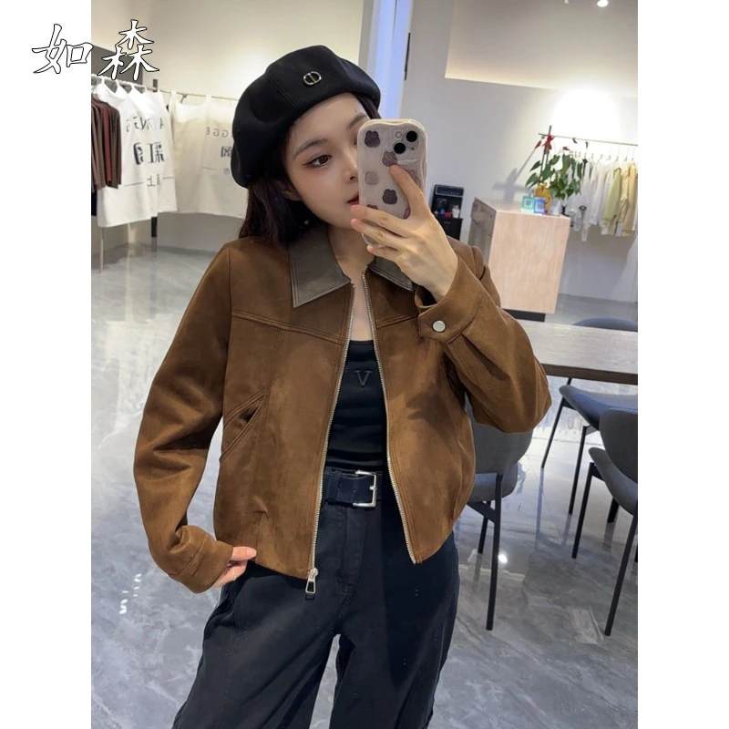 港风复古穿搭拼接短外套女2025春秋新款小个子百搭宽松皮夹克上衣