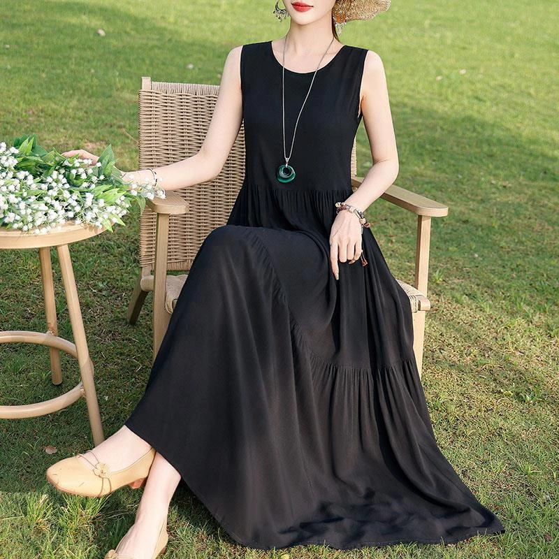 夏季无袖棉绸连衣裙女大码宽松长款过膝新款洋气显瘦高级感蛋糕裙