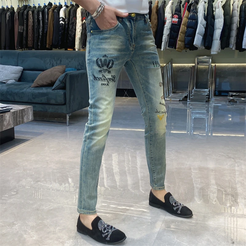 【也许家】新品男士春夏欧货修身弹力显瘦烫钻小脚牛仔裤TH8230