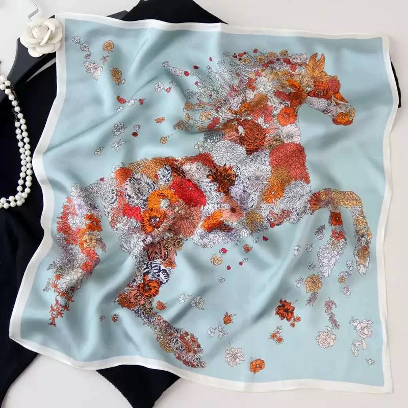 Love is long《彩色骏马》时尚高级绸缎感70方巾女士气质复古