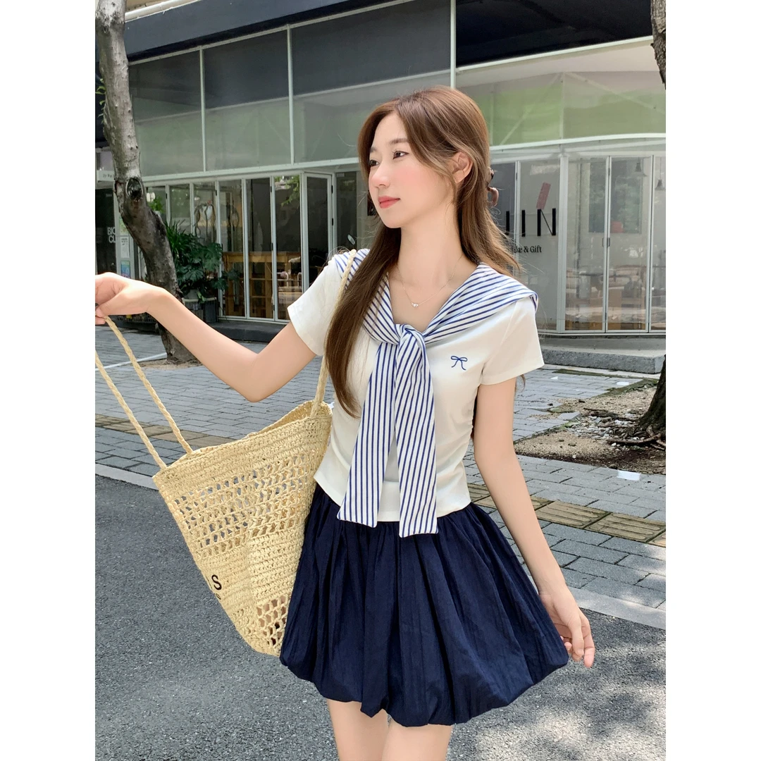 假两件披肩设计感小众短袖T恤女夏季韩版修身女装禅意仙气飘飘