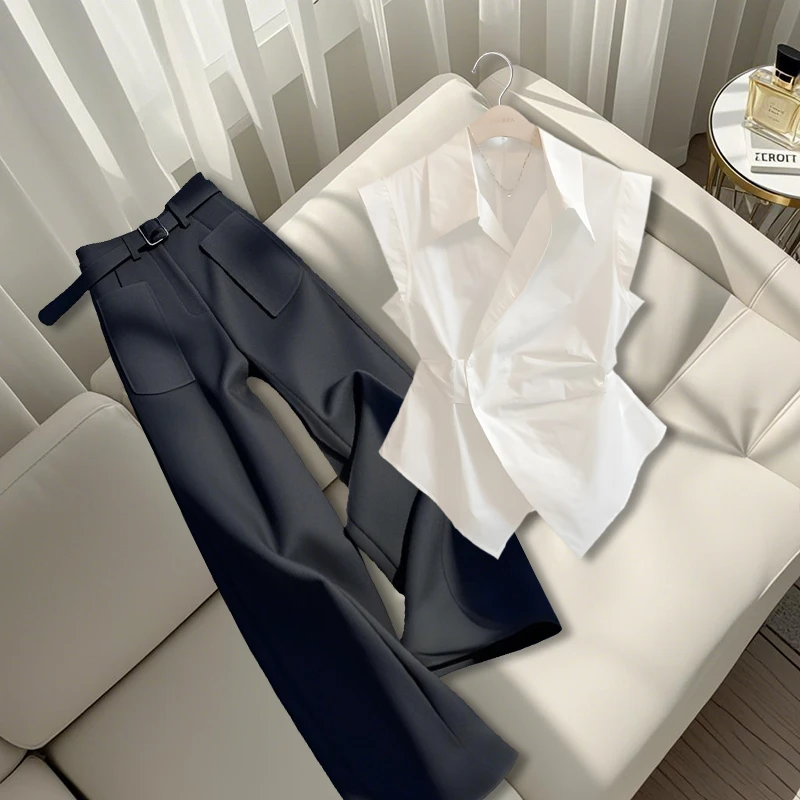 2025夏季新款洋气高档时尚气质不规则显瘦上衣宽松休闲百搭直筒裤