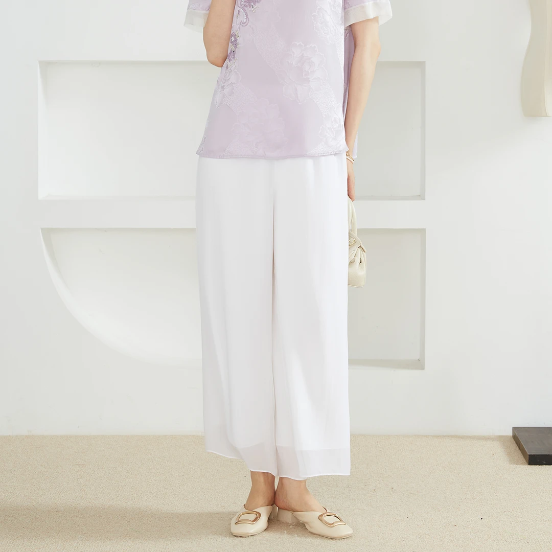 SILVIYE 双层真丝女100桑蚕丝垂感宽松直筒阔腿裤显腿长CK52096