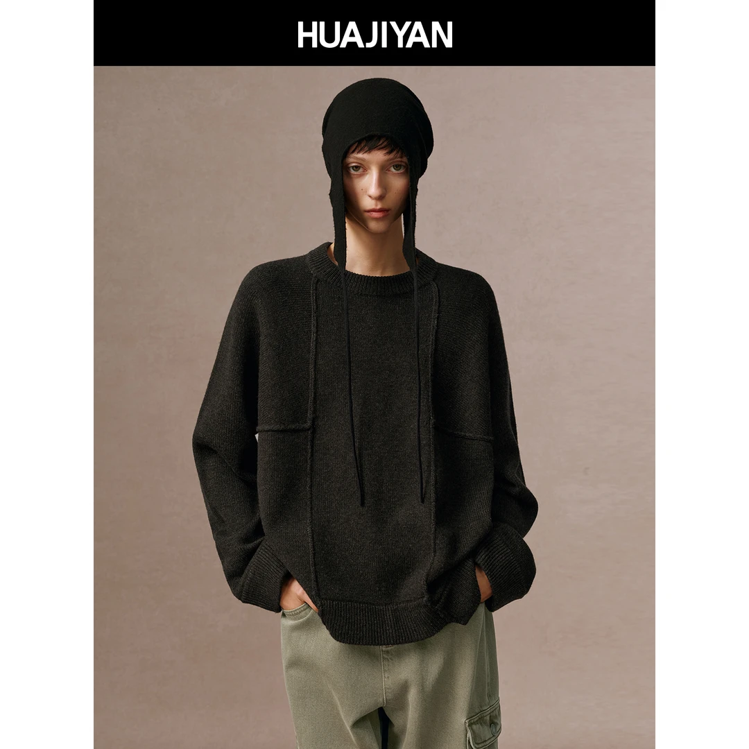 华吉言/HUAJIYAN【多米诺】100羊毛复古针织梯形分割圆领套头毛衣