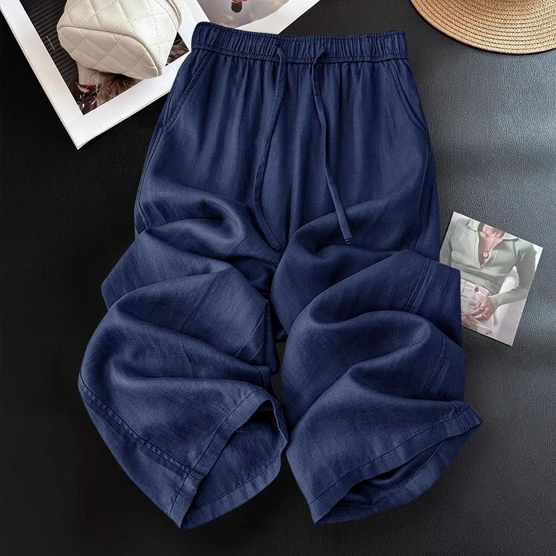 藏青色亚麻直筒裤女夏2025新款麻料夏日轻薄凉凉裤棉麻九分阔腿裤
