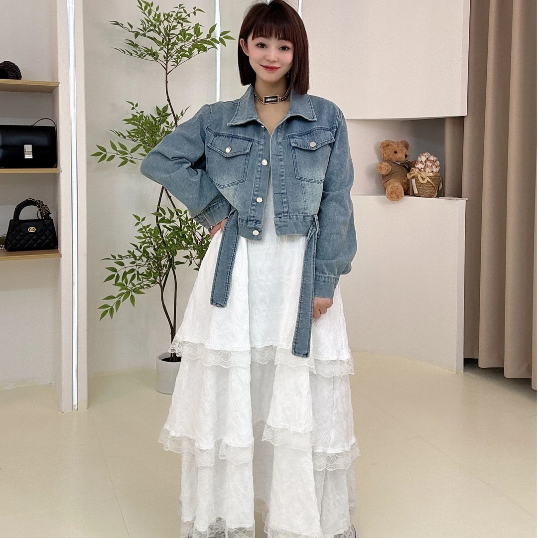 【鑫焱甄选】2025春季新款水洗牛仔外套搭配吊带蕾丝蛋糕裙套装时尚