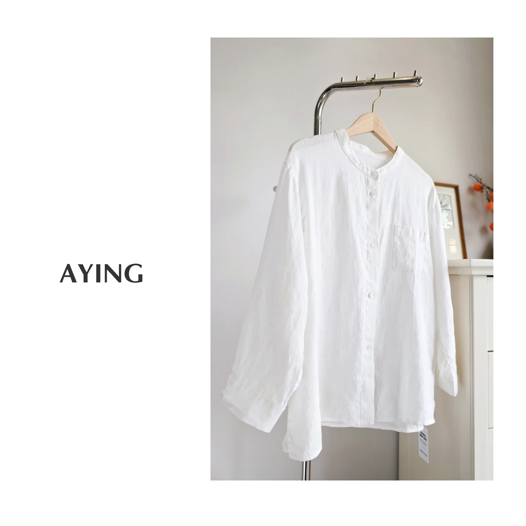 AYING  女士春夏小立领8分袖亚麻宽松衬衫