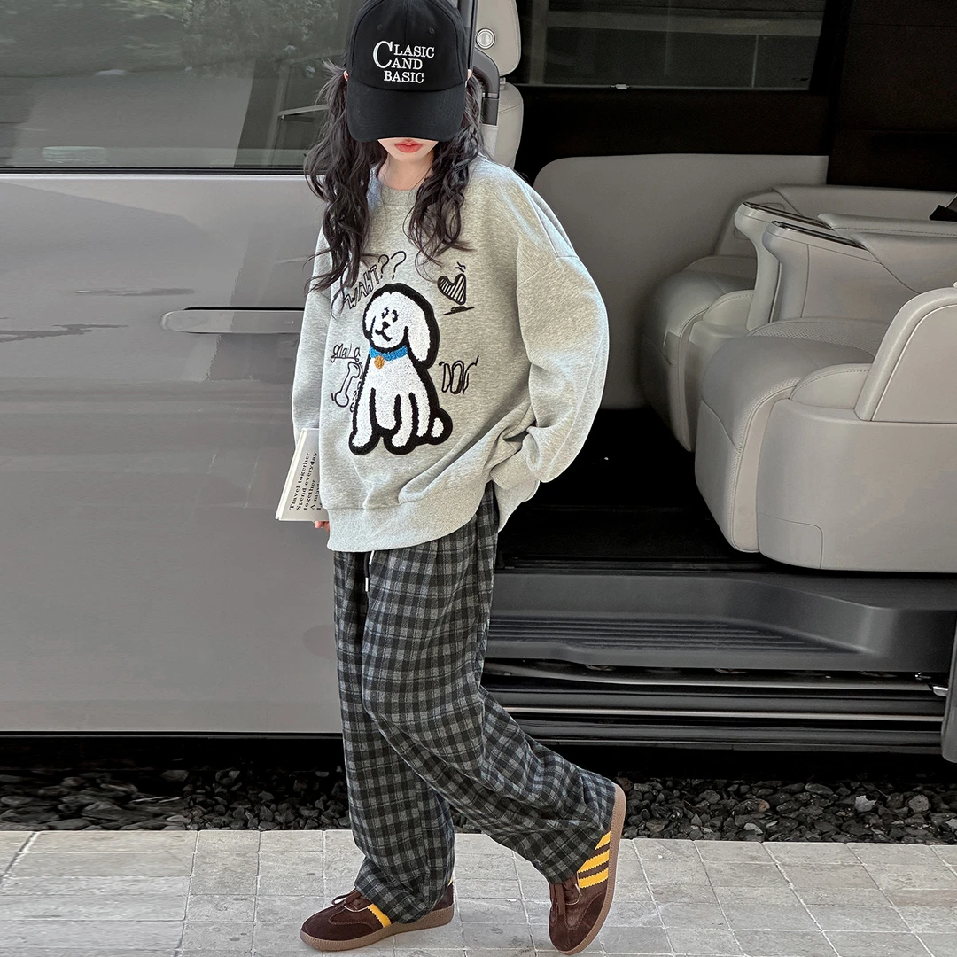 女童秋季套装2025新款洋气时尚卡通卫衣格子裤6-12岁中大童秋款潮