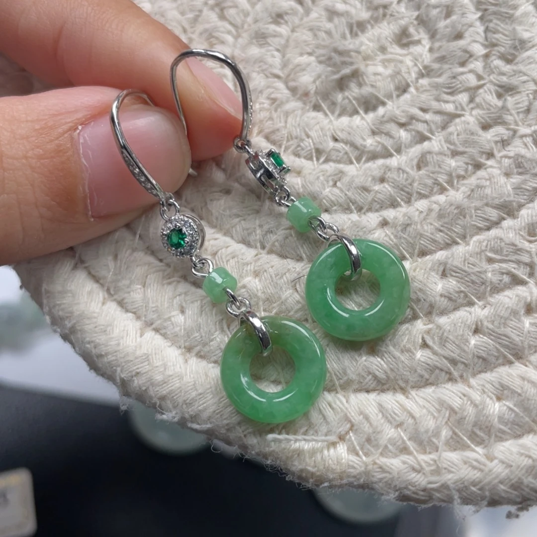 翡翠银S925镶嵌耳饰天然A货缅甸翡翠