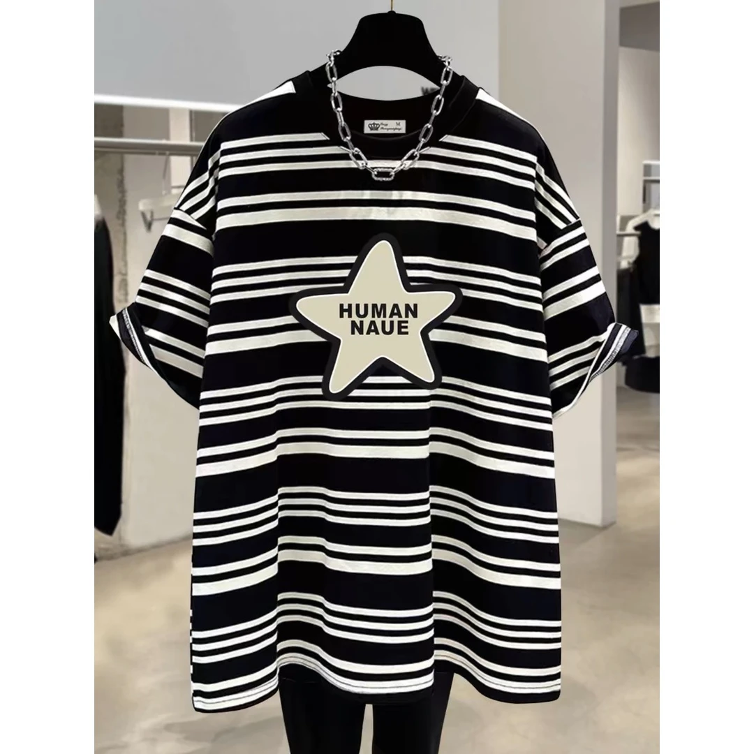 潮流设计感大码胖mm条纹短袖t恤女宽松2025夏季新款宽松上衣港风