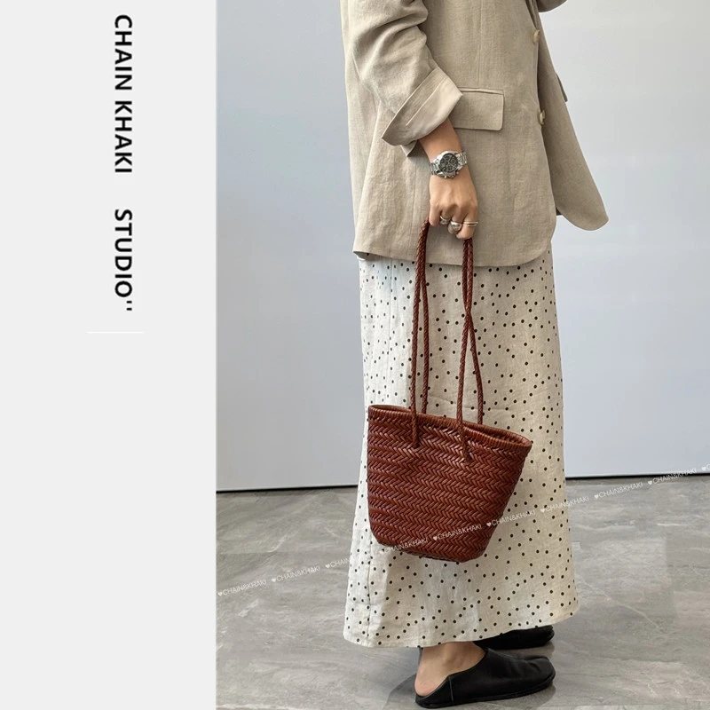 头层牛皮编织包2025春夏新品手提包小众高级感水桶包大容量单肩包