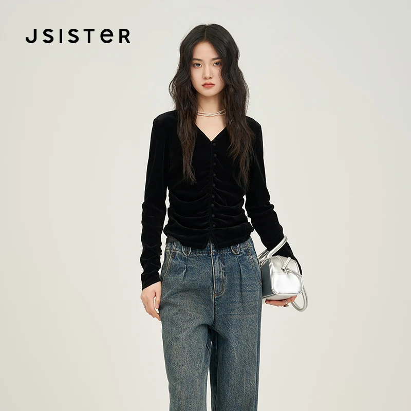 jsister2025秋季新款 JS女装时尚黑色丝绒修身小衫