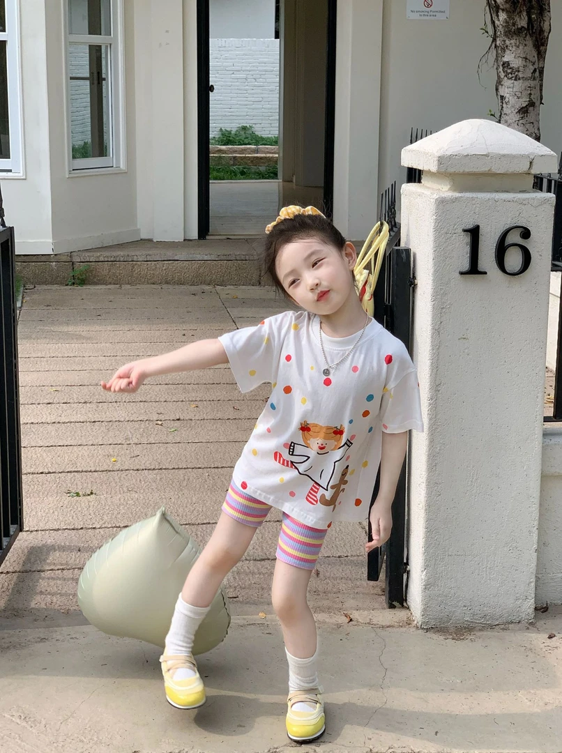 女童彩色波点中长款T恤2025夏季韩版彩条骑行裤高弹力打底裤套装