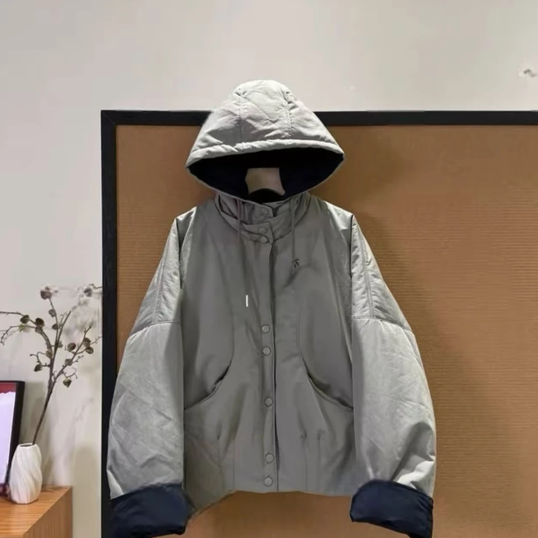 2025连帽撞色夹棉棉服外套秋冬季新款时尚简约百搭保暖女士