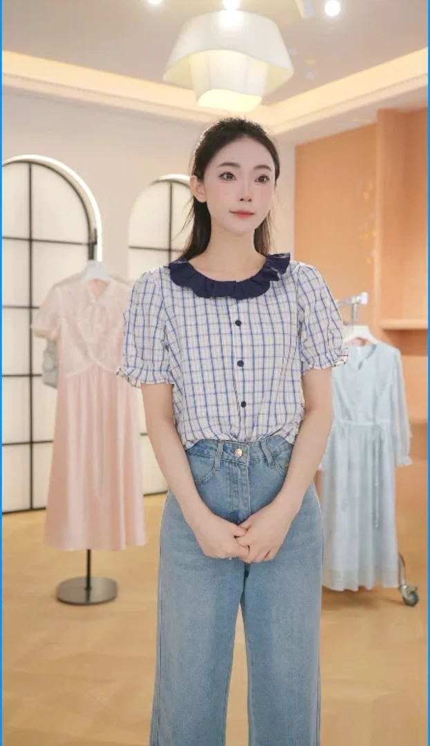 F撞色格子娃娃领衬衫女欧洲站2025夏装新款时尚洋气上衣