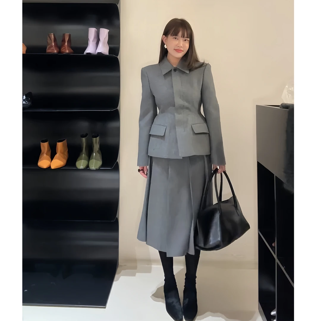 韩版沙漏腰毛呢西装套装女秋冬新款复古小众廓形西服半身裙两件套