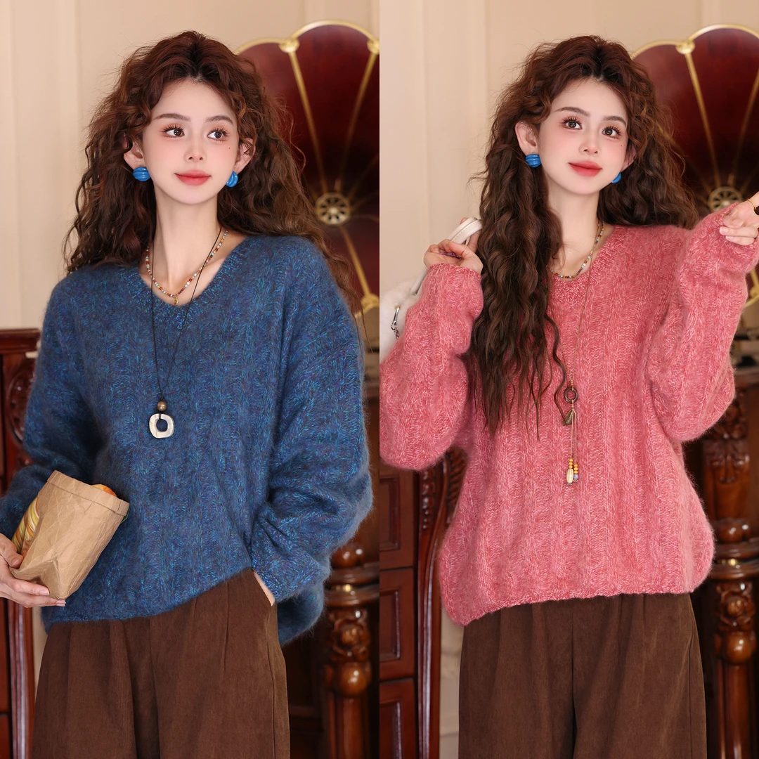 陈大器【溪畔兰草】港风复古V领针织宽松百搭上衣毛衣JC1989415