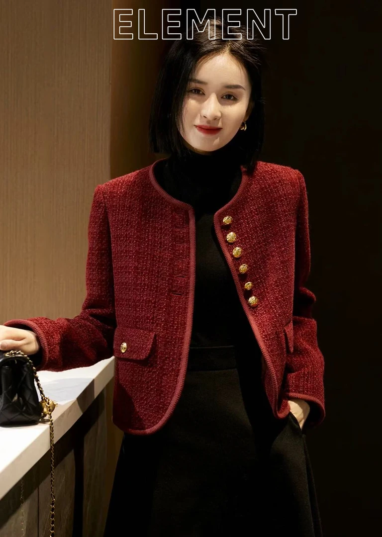 小香风 2025新名媛时尚气质法式圆领重工枣红色上衣女外套2A-627
