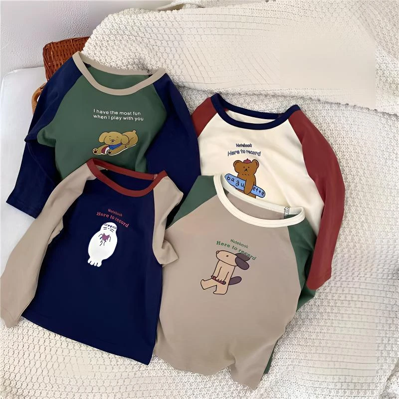 男童春装纯棉儿童长袖T恤男女童卡通撞色打底衫宝宝韩版棉上衣T