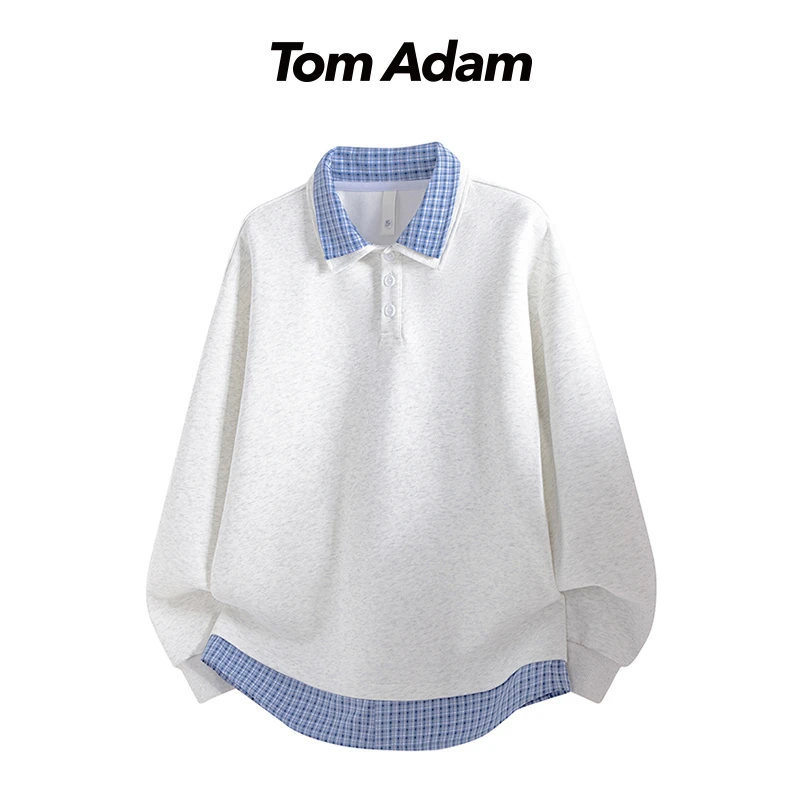 TOMADAM美式复古假两件长袖男女春季潮牌宽松卫衣打底衫情侣上衣