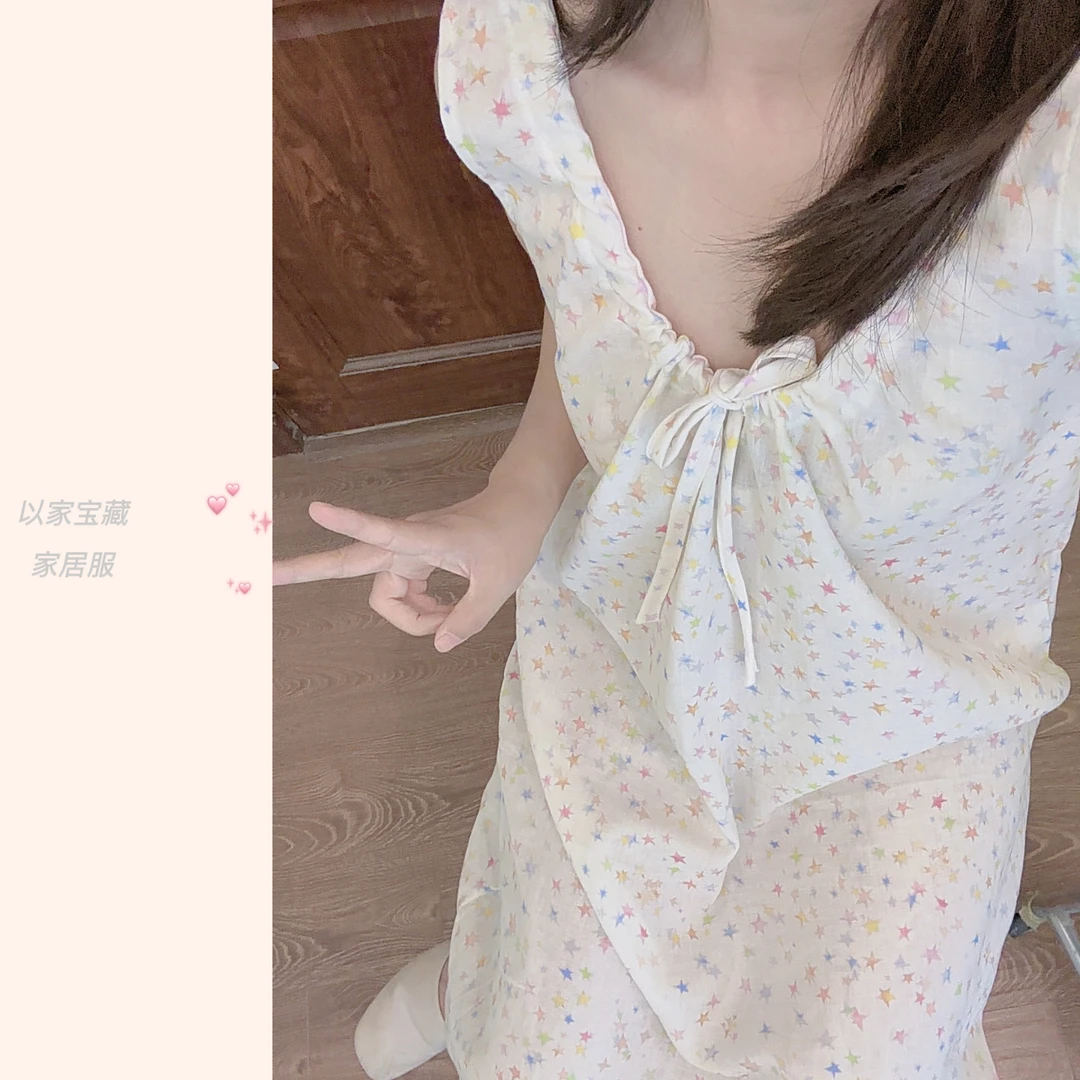 夏季新款精梳棉抽绳无袖家居长裙