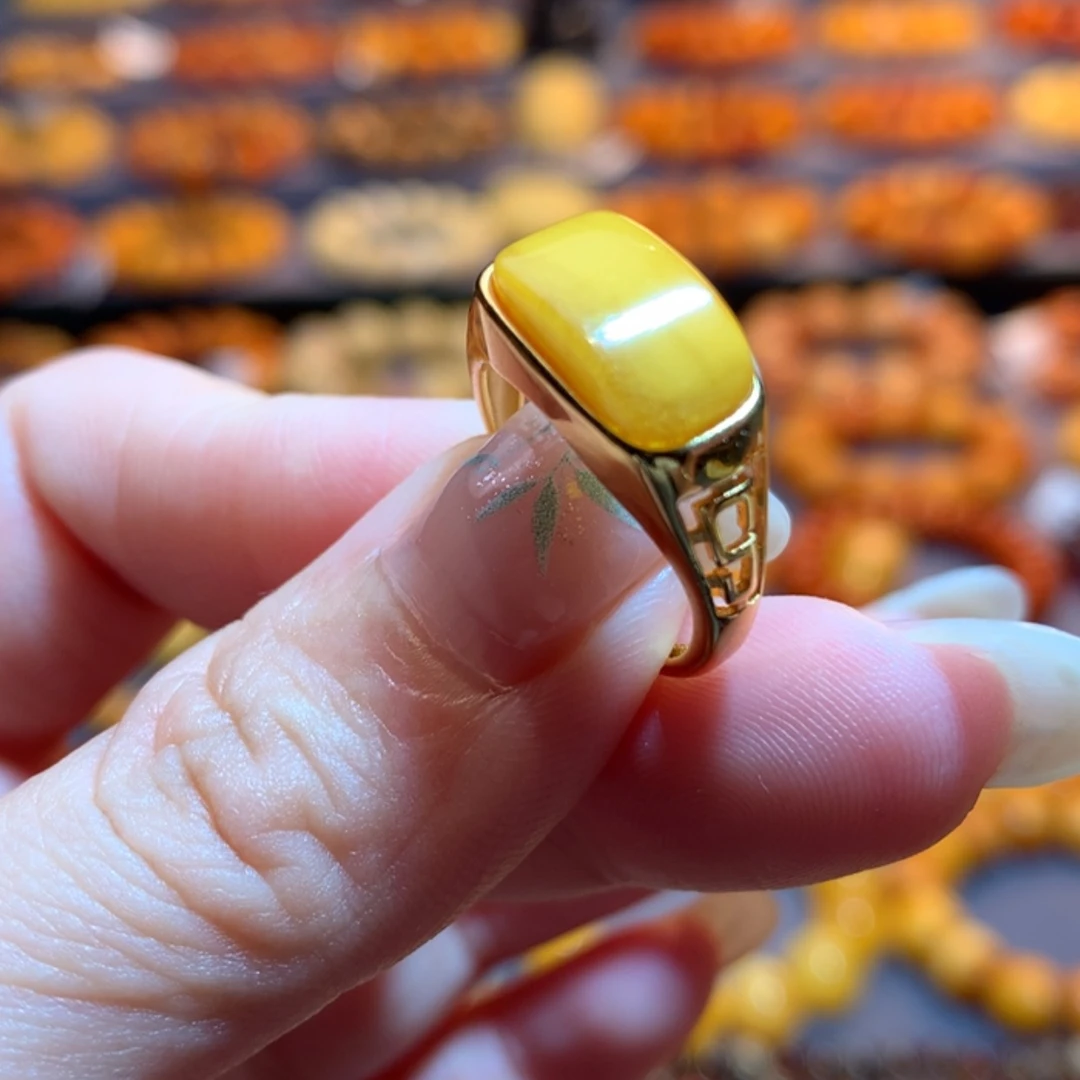 【闪购商品】银S925镀金镶嵌蜜蜡戒指蜜蜡戒指