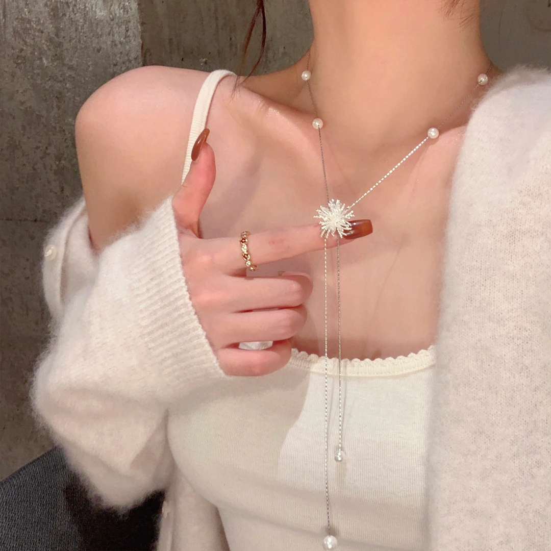 合金项链 韩系银色烟花流苏项链女轻奢长款颈链可抽拉毛衣链配饰