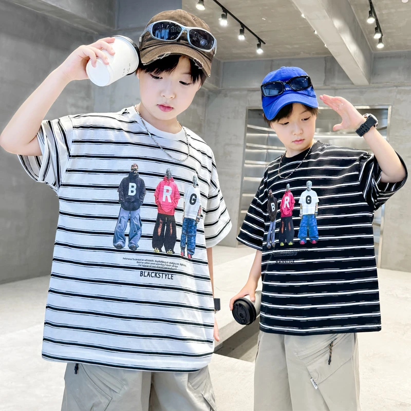 男童夏装短袖儿童夏季T恤2025新款中大童夏款条纹洋气宽松潮酷帅
