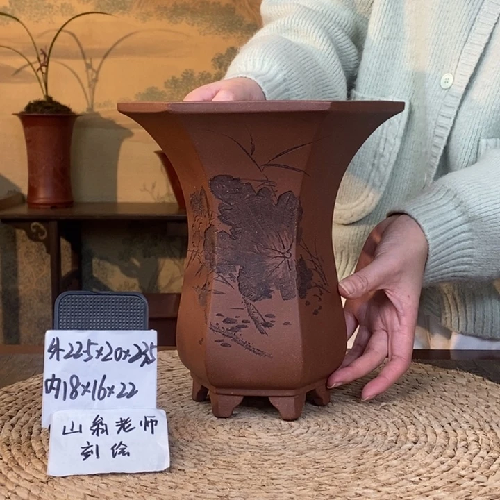 花盆紫砂 超精品底槽清山翁老师刻绘束腰六方