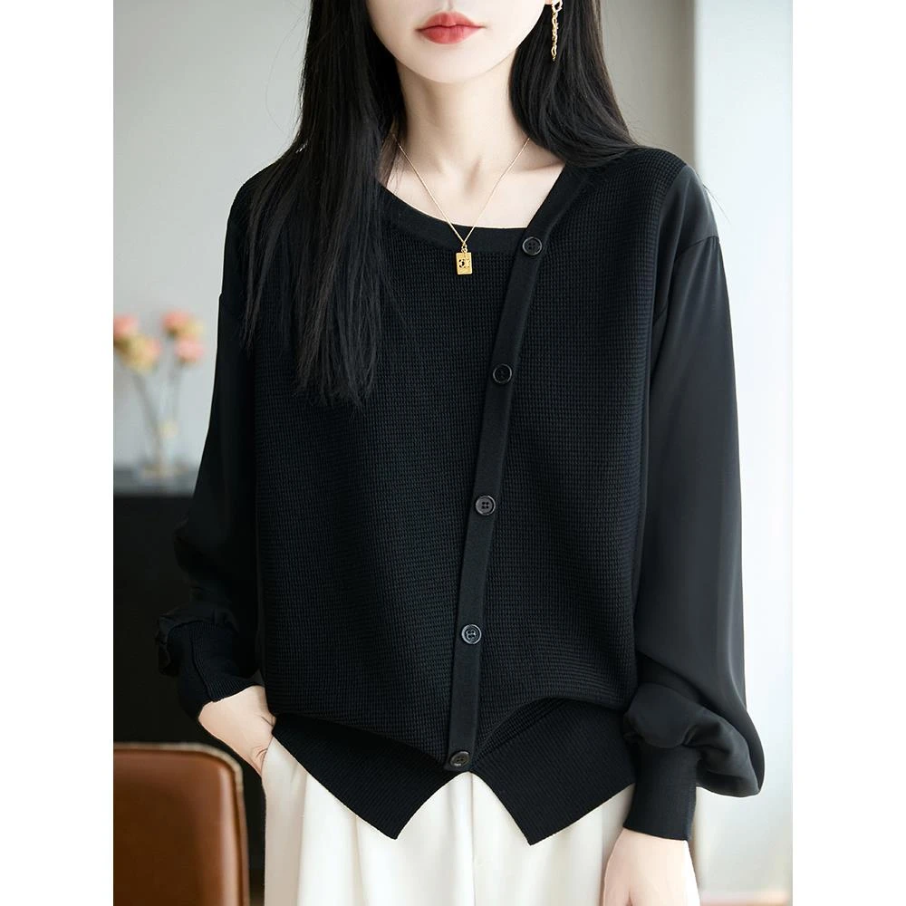 上衣设计感小众女秋装大码胖mm打底衫2025年新款显瘦遮肉拼接毛衣