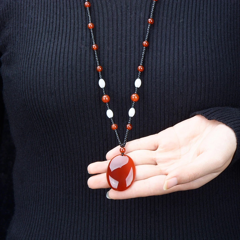 天然红玉髓复古大气高档毛衣链女长款挂件民族风项链吊坠百搭简约