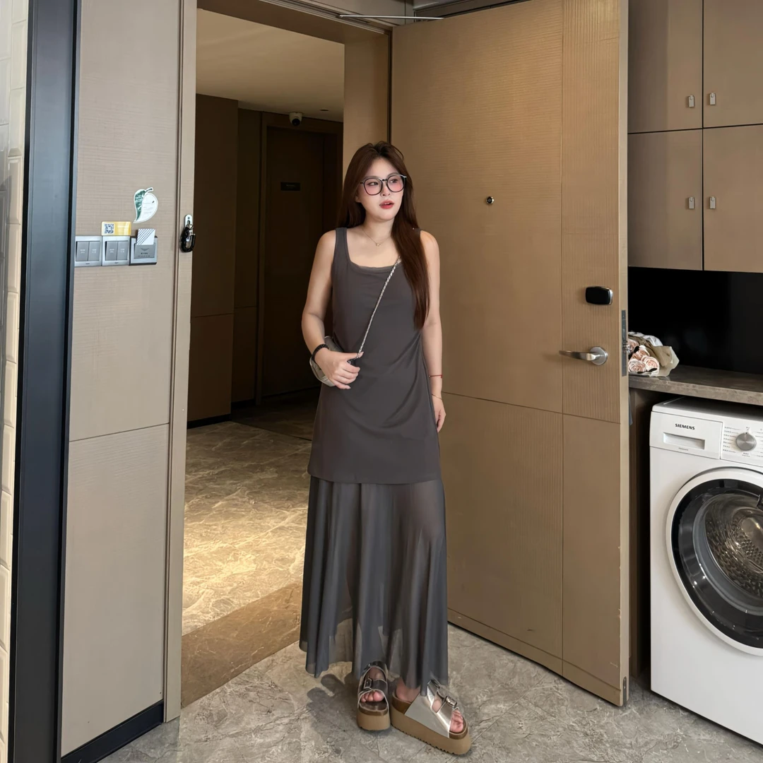 盈盈&南岛风大码女装网纱拼接吊带连衣裙胖mm显瘦休闲长裙ZYY1984