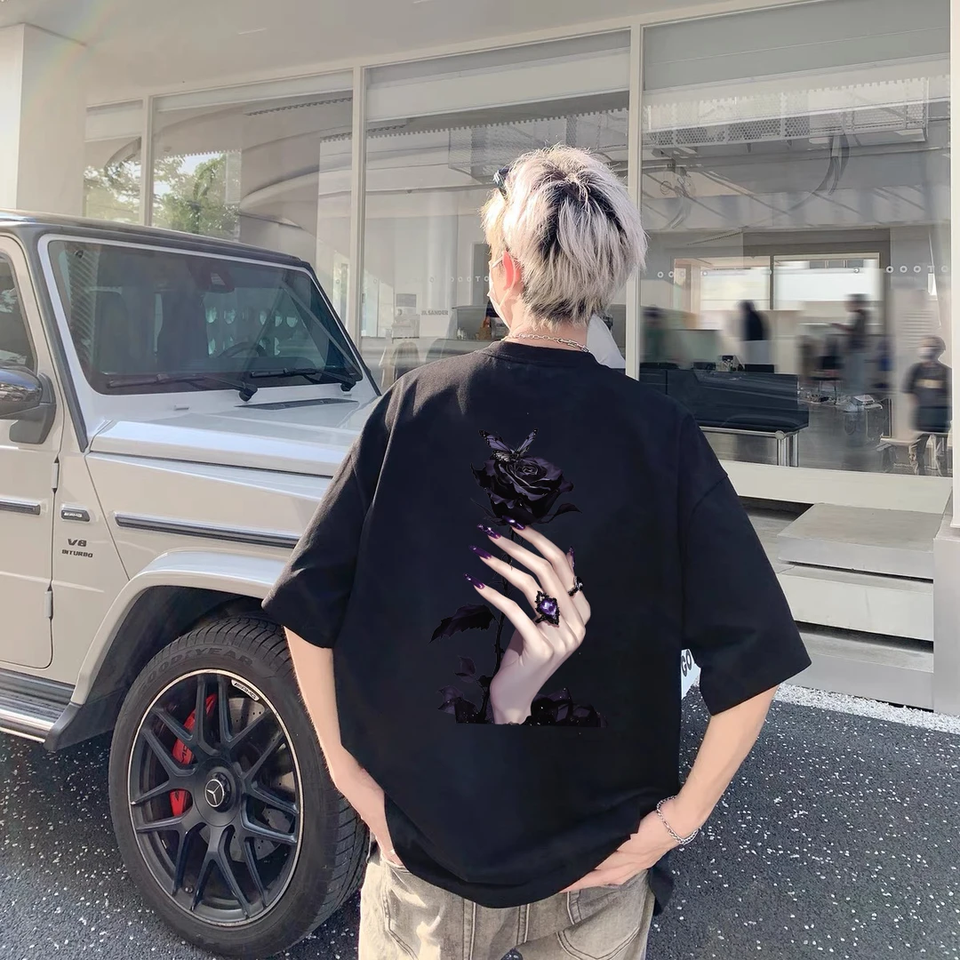 100%重磅纯棉短袖T恤男女同款街头暗黑风玫瑰夏季宽松男士半袖ZN6