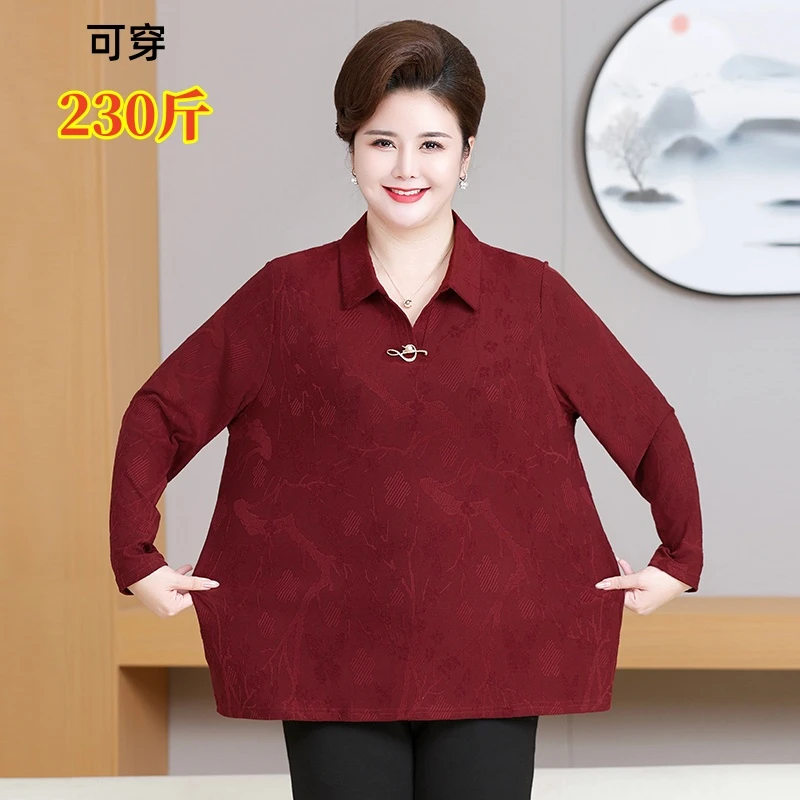 加肥加大码中老年女装胖妈妈翻领T恤小衫洋气奶奶春秋宽松打底衫