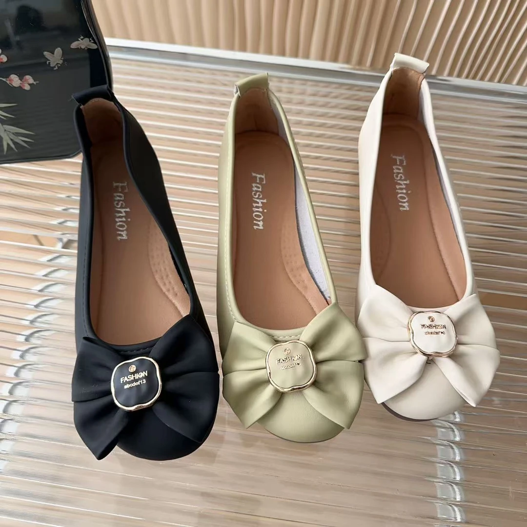 2025新款全皮百搭蝴蝶结单鞋平底鞋春夏夏季浅口女鞋休闲软底软面