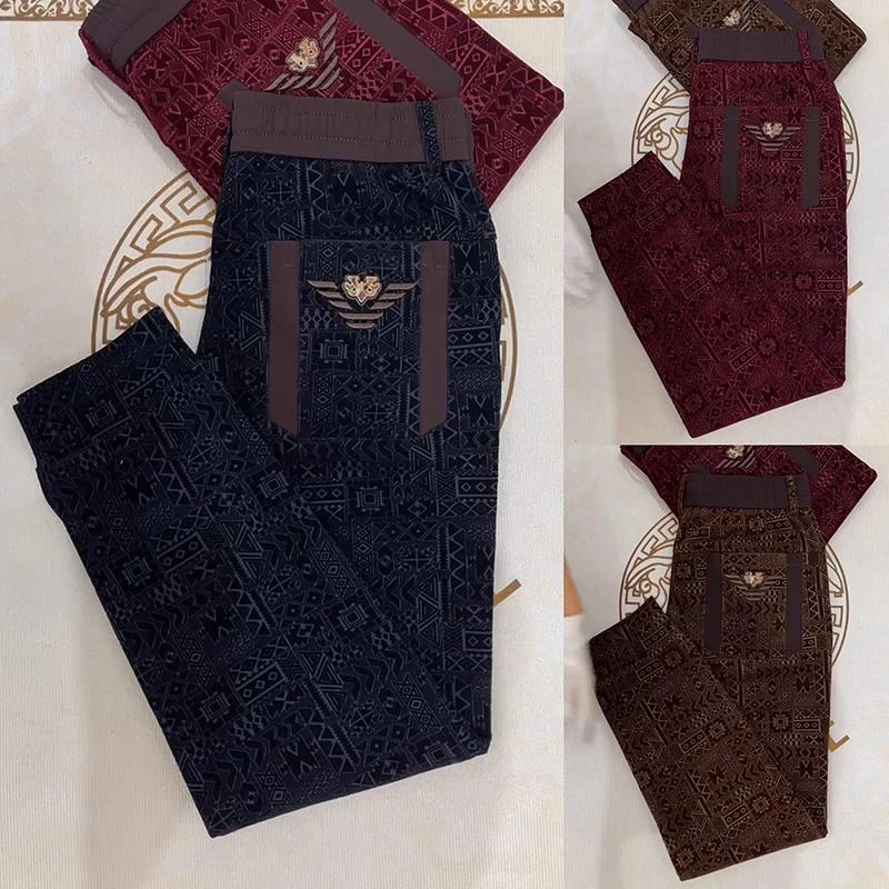 2025春秋新款轻奢商务植绒提花休闲裤男士潮流白色束脚弹力哈伦裤