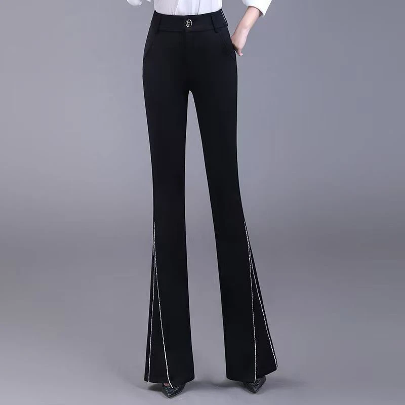 拉夏贝尔黑色微喇裤女2025年秋季新款时尚设计感高腰喇叭休闲裤子