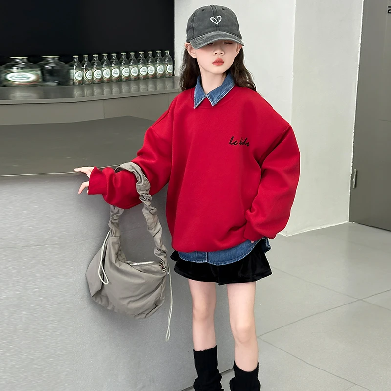 女大童韩版上衣套装2024新款时髦休闲安可拉红卫衣牛仔衬衫两件套
