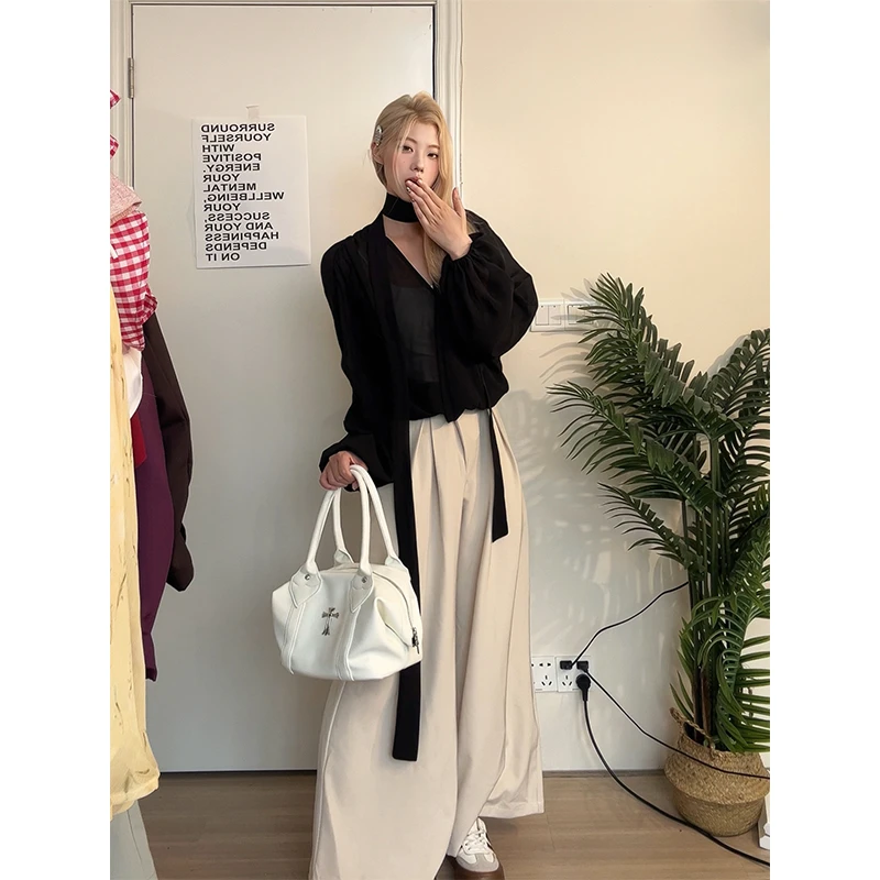 韩系通勤穿搭气质宽松V领绑带长袖衬衫上衣高腰垂感百搭阔腿裤女