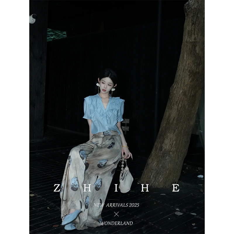 无艳一禾【故月栖花】原创高阶法式醋酸纱荷叶边上衣日月印花休闲裤