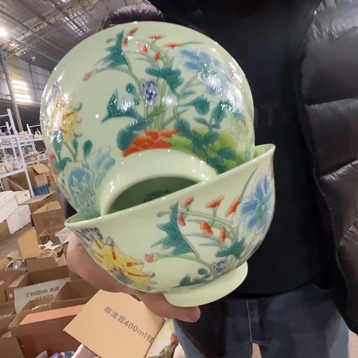 瓷片景德镇陶瓷绿嘻嘻花神满绘2只