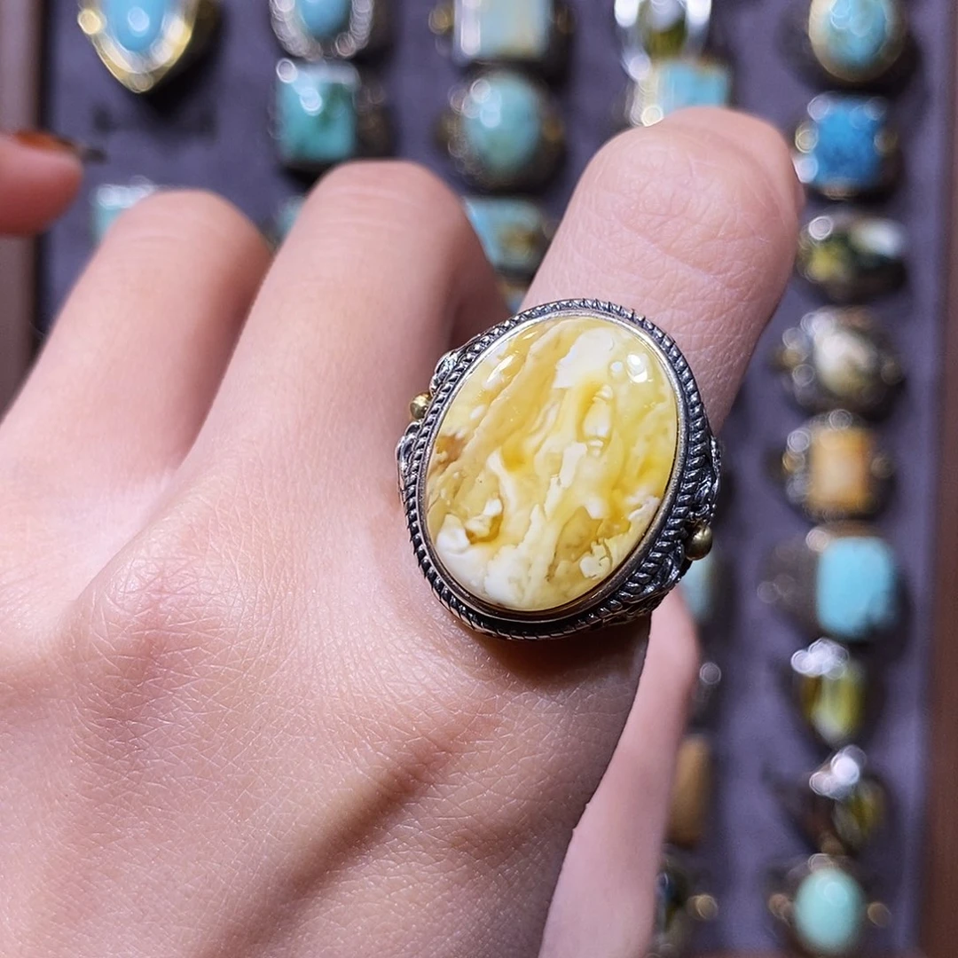 琥珀银S925镶嵌戒指戒指