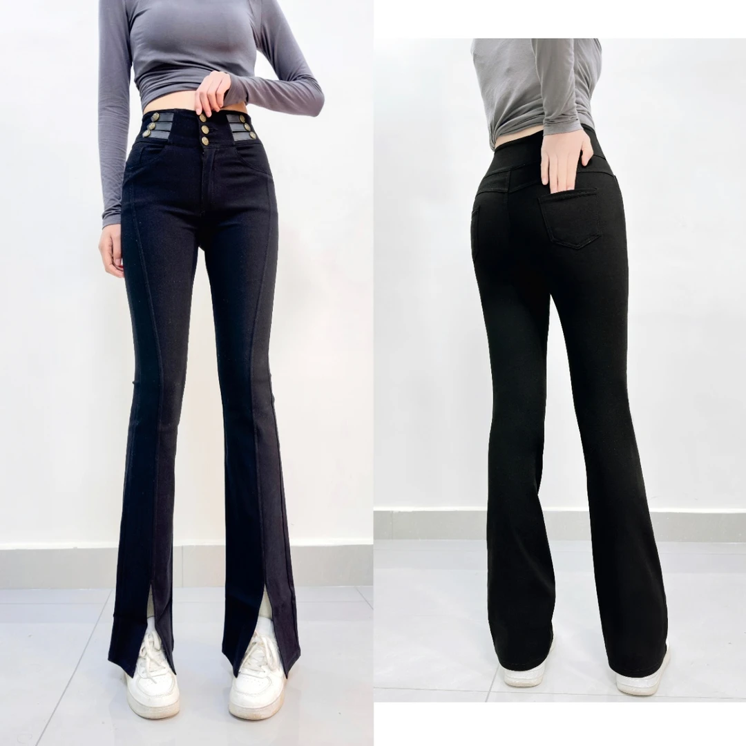 2025春款新升级四面弹！韩系排扣微喇开叉小黑裤！H05