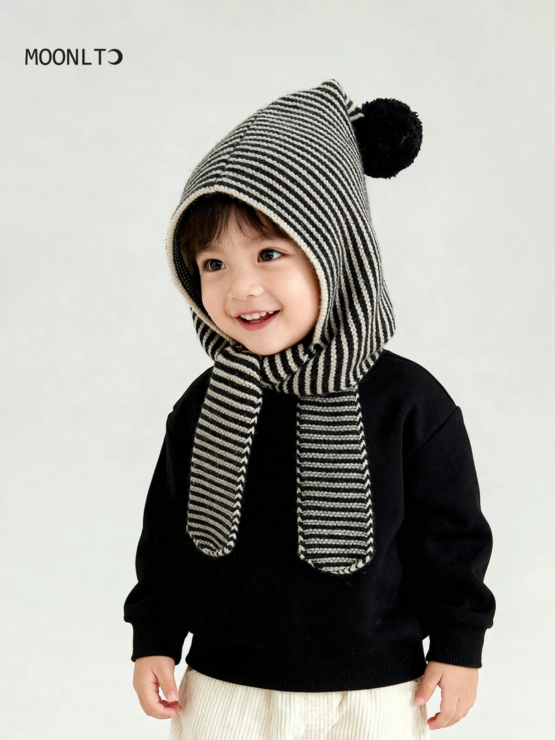 儿童帽子围巾一体秋冬季保暖防风条纹男女童针织毛线宝宝护耳帽
