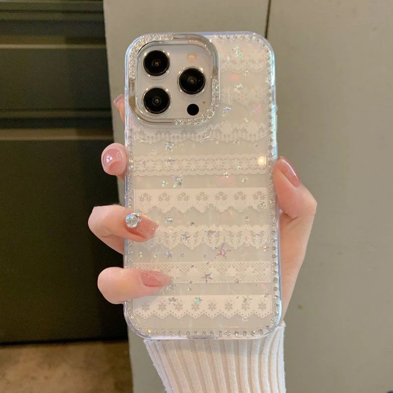 星星白蕾丝适用苹果16promax手机壳15新款14防摔13闪钻12韩系11套