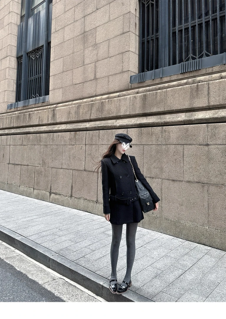 黑色外套女冬季大衣双排扣中长款翻领宽松复古