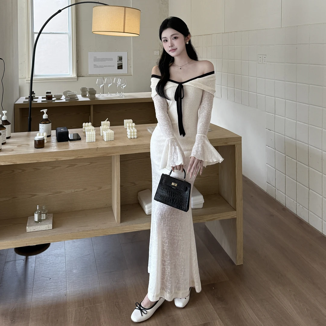 【许妍穿搭】法式纯欲长袖白色连衣裙2025秋季新款修身小妈裙包臀裙